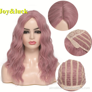 Wholesale Women's Wig 18inch Medium Length Pink Color Middle Part Finger Wave Natural Water Wave Cosplay Costume Synthetic Wigs